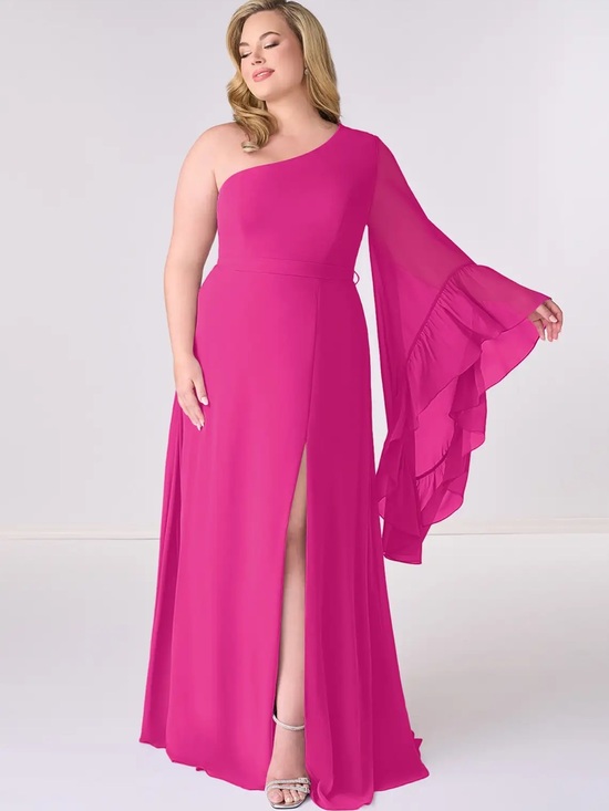 Azazie Dresses & Skirts - Azazie One-Shoulder Fuchsia Gown with Ruffle Sleeve